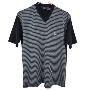 Vintage 90s Versace Jeans Couture Mens V-Neck Black Gray Striped Shirt XL
